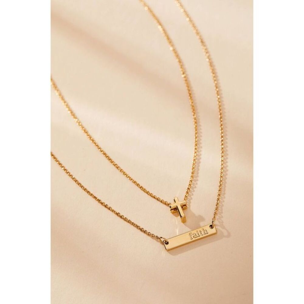 Tiny Tags 14K Gold Ion Plated Faith Bar and Cross Chain Necklace Set 2pc - Gold